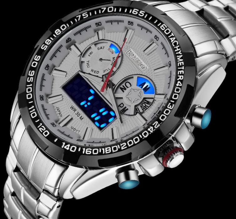 Men Dual Display Silver Watches