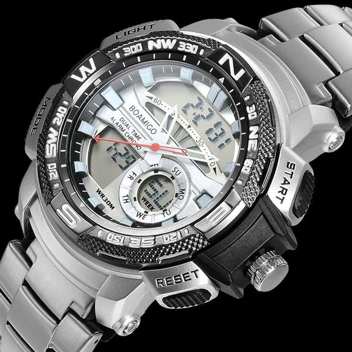 Men Dual Display Silver Watches